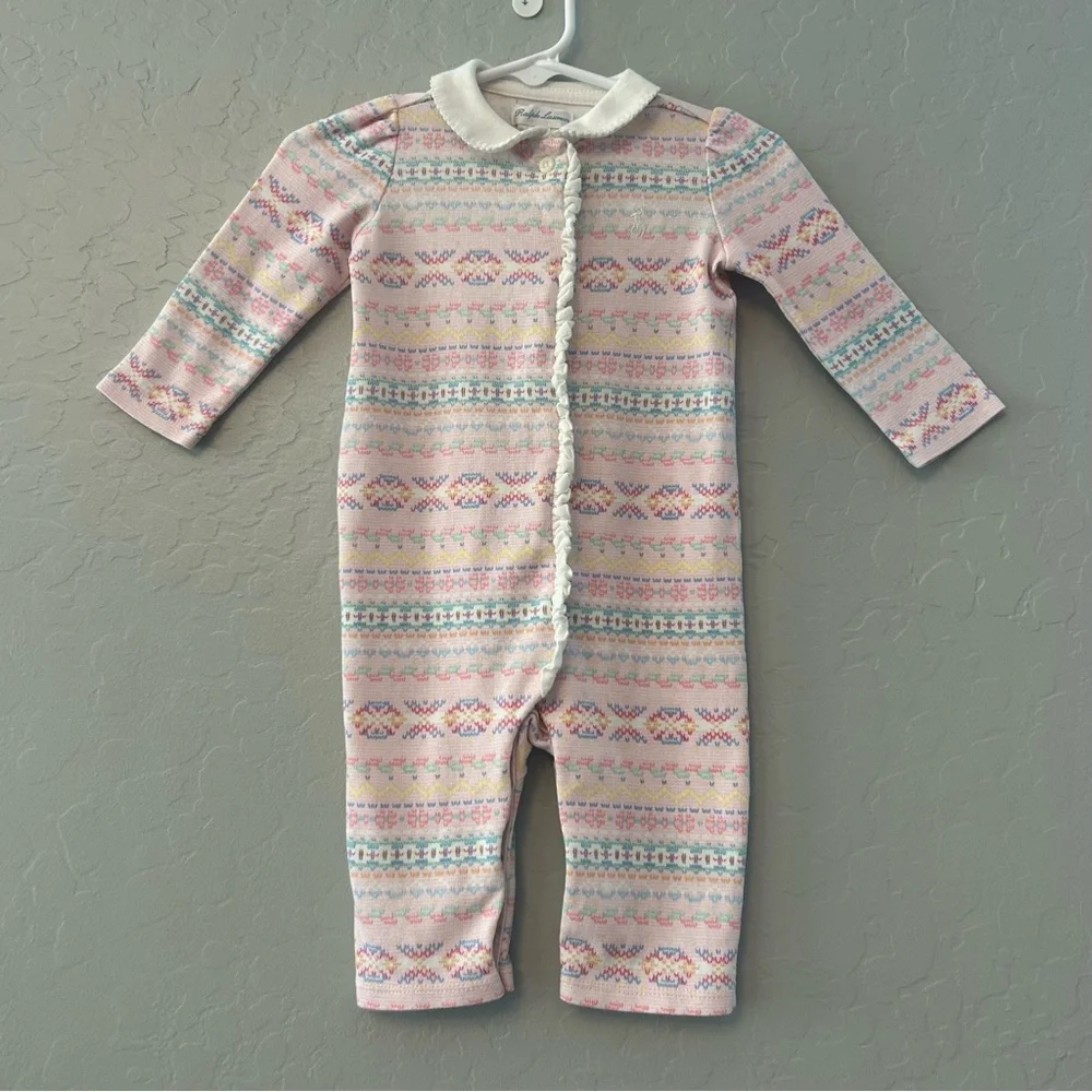 Ralph Lauren light pink fair isle print ruffled coverall size 6 months
